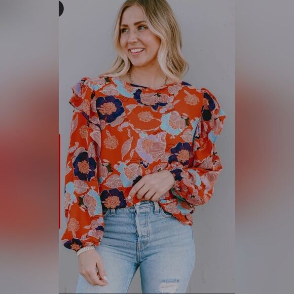 BUCKETLIST Red Floral Ruffle Blouse Size M - Picture 4 of 10